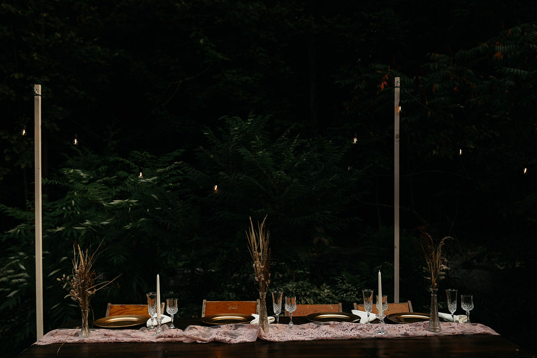 Wooden Tables Chairs Vintage Festoon Lights Dried Flowers Decor The Meadows Stirling Wedding Two Cheeks Studio