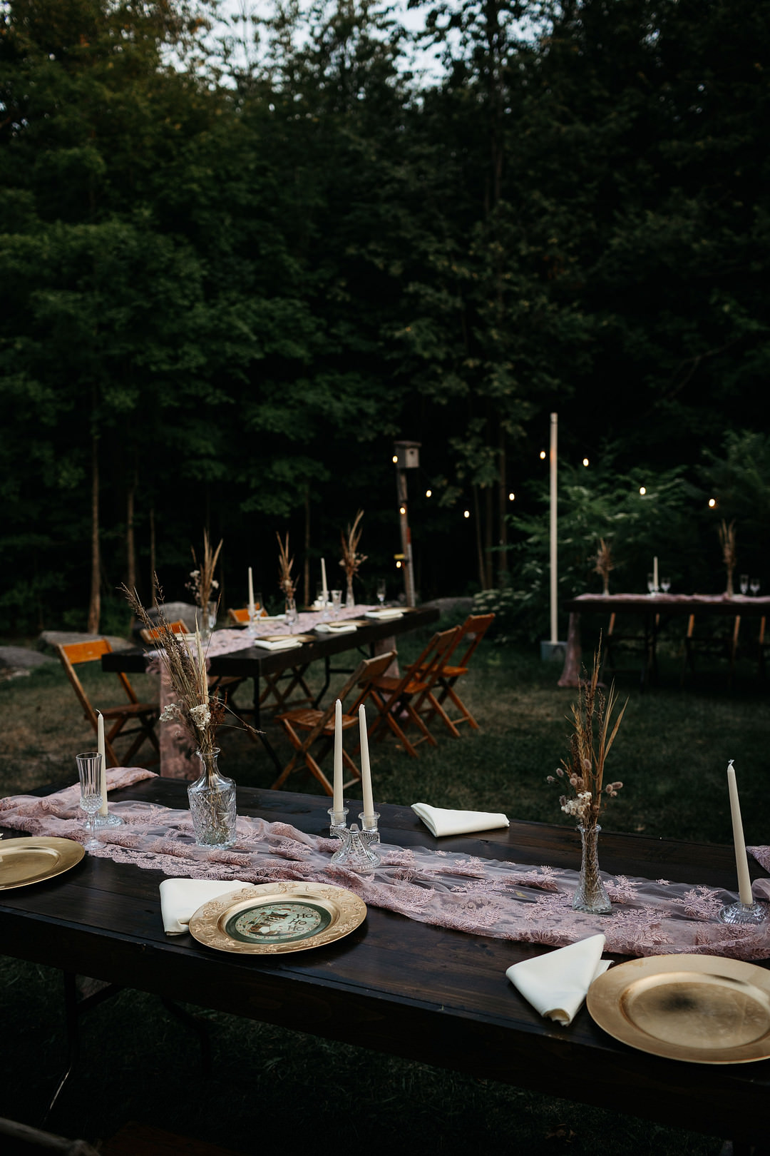 Wooden Tables Chairs Vintage Festoon Lights Dried Flowers Decor The Meadows Stirling Wedding Two Cheeks Studio