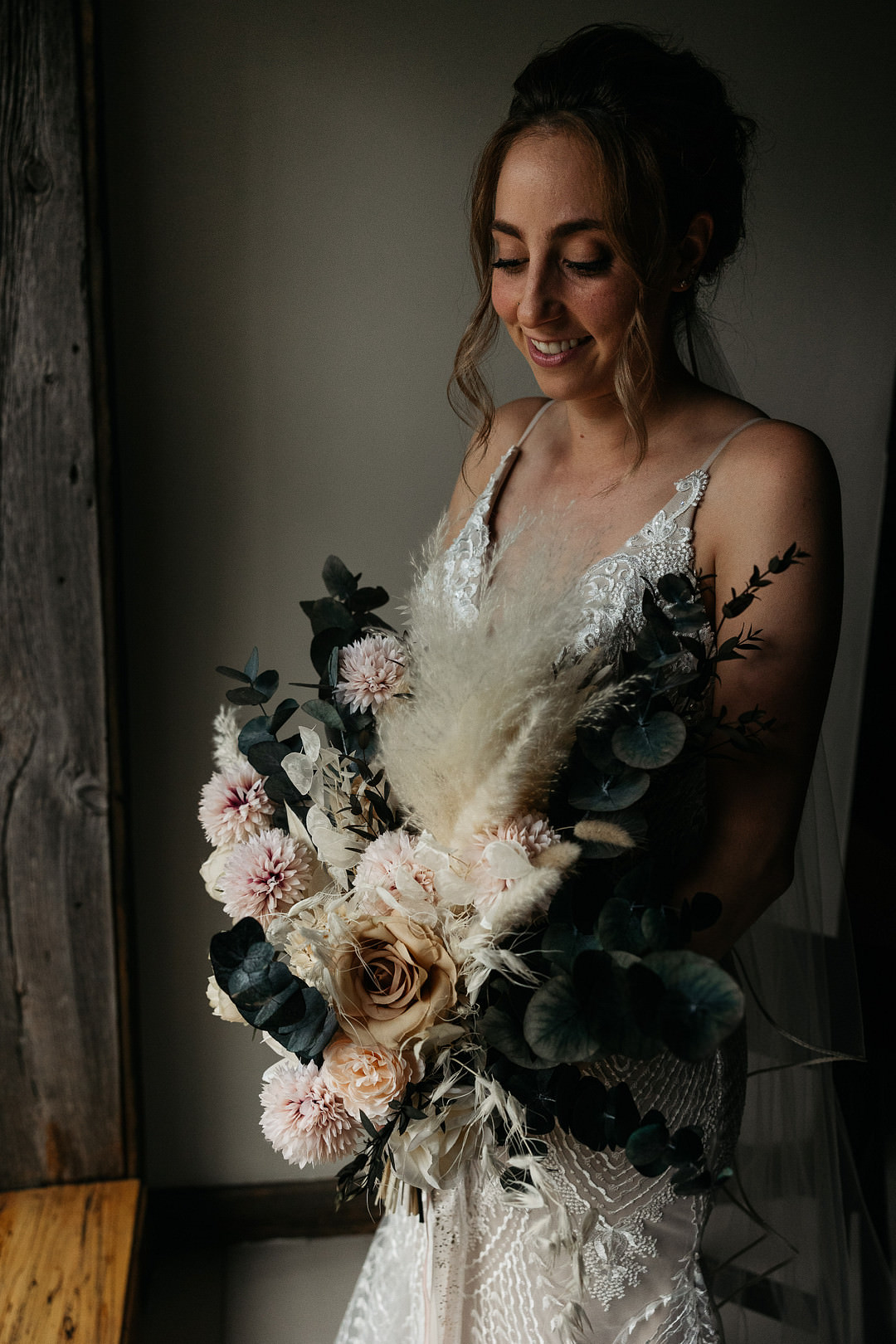 Bridal Bouquet Flowers Bride Cream Rose Pink Dahlia Eucalyptus Pampas Grass The Meadows Stirling Wedding Two Cheeks Studio
