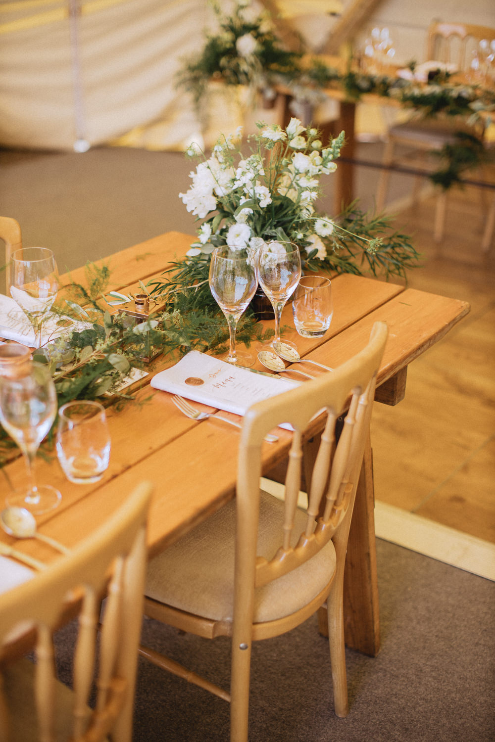Wooden Table Decor Greenery White Flowers Trevor Hall Wedding Fox&BearPhotography