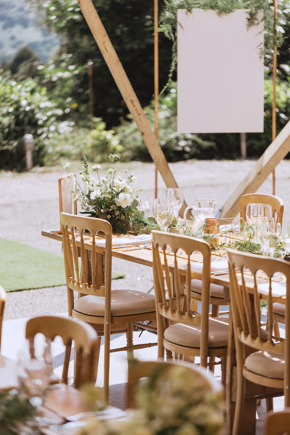 Wooden Table Decor Greenery White Flowers Trevor Hall Wedding Fox&BearPhotography