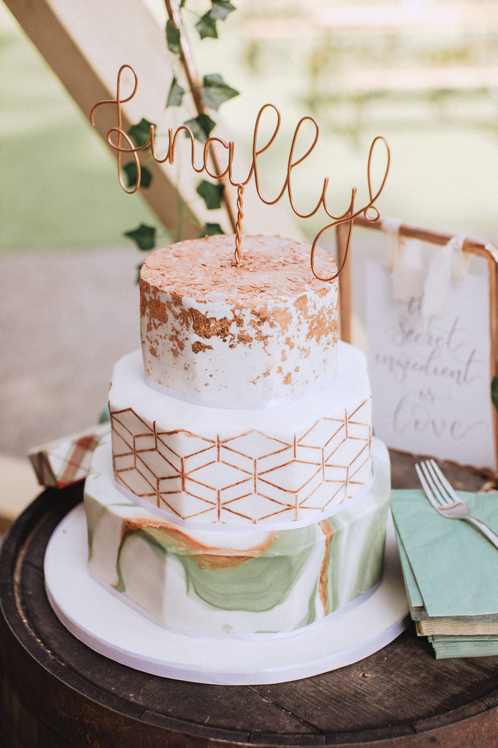 Copper Green Geometric Cake Wire Topper Trevor Hall Wedding Fox&BearPhotography