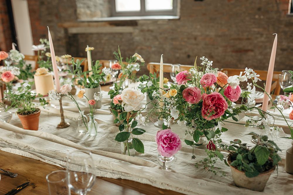 Long Wooden Table Pink Flowers Bottles White Runner Candles Decor Summer Rose Honeysuckle Apricot Wedding Ideas Gem Hicks Photography