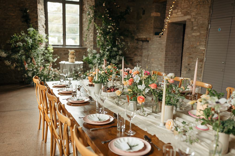 Long Wooden Table Pink Flowers Bottles White Runner Candles Decor Summer Rose Honeysuckle Apricot Wedding Ideas Gem Hicks Photography