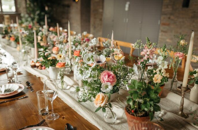 Long Wooden Table Pink Flowers Bottles White Runner Candles Decor Summer Rose Honeysuckle Apricot Wedding Ideas Gem Hicks Photography