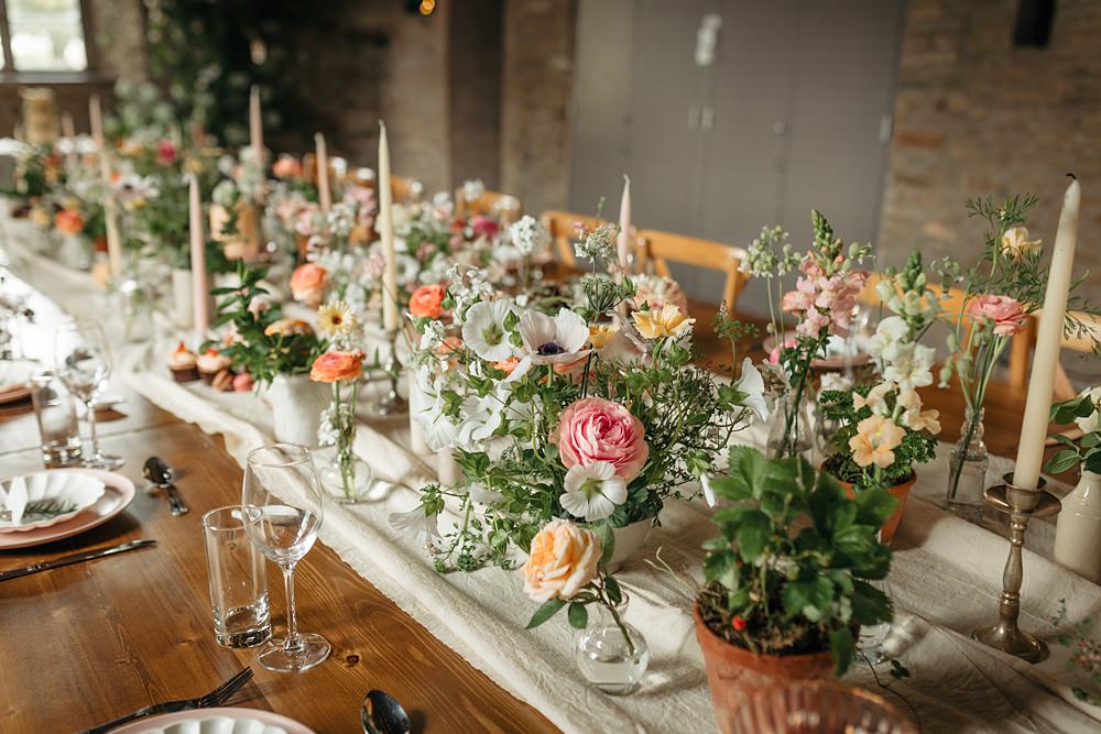 Long Wooden Table Pink Flowers Bottles White Runner Candles Decor Summer Rose Honeysuckle Apricot Wedding Ideas Gem Hicks Photography