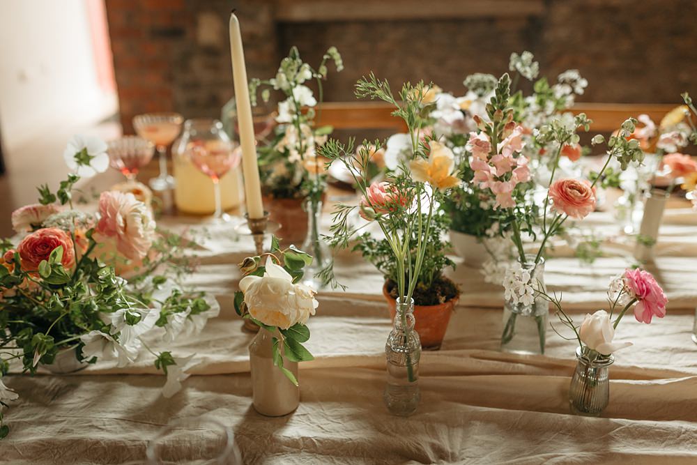 Long Wooden Table Pink Flowers Bottles White Runner Candles Decor Summer Rose Honeysuckle Apricot Wedding Ideas Gem Hicks Photography