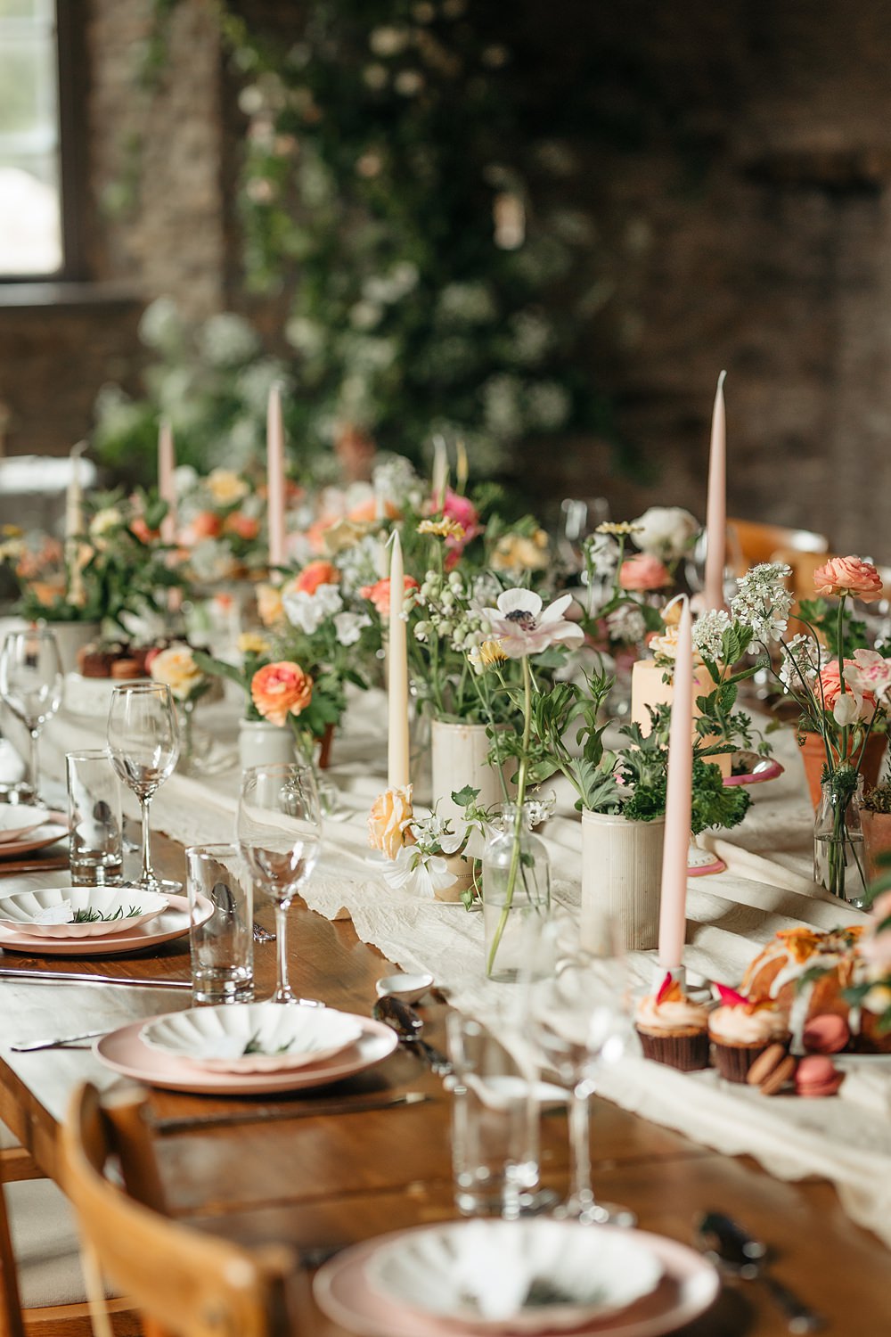 Long Wooden Table Pink Flowers Bottles White Runner Candles Decor Summer Rose Honeysuckle Apricot Wedding Ideas Gem Hicks Photography