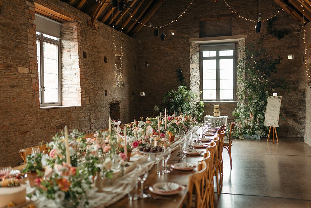 Long Wooden Table Pink Flowers Bottles White Runner Candles Decor Summer Rose Honeysuckle Apricot Wedding Ideas Gem Hicks Photography