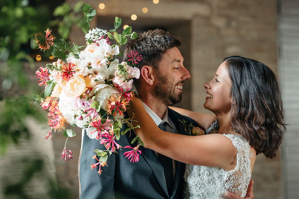 Bride Bridal Bouquet Flowers Pink Summer Honeysuckle Peonies Rose Sweet Pea Apricot Wedding Ideas Gem Hicks Photography