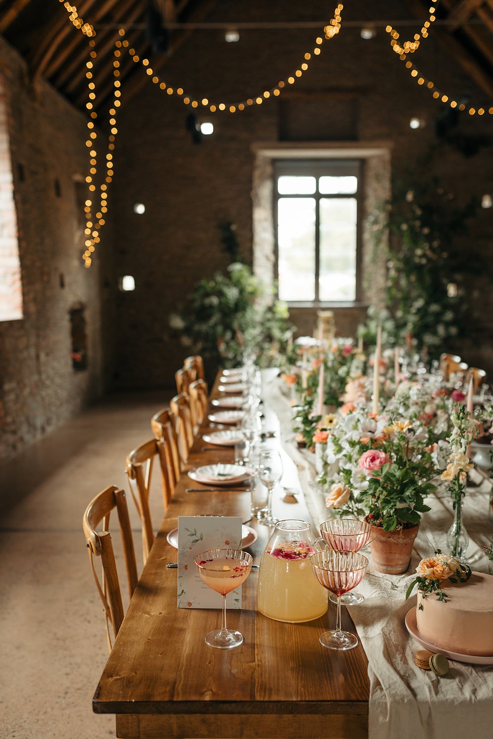 Long Wooden Table Pink Flowers Bottles White Runner Candles Decor Summer Apricot Wedding Ideas Gem Hicks Photography