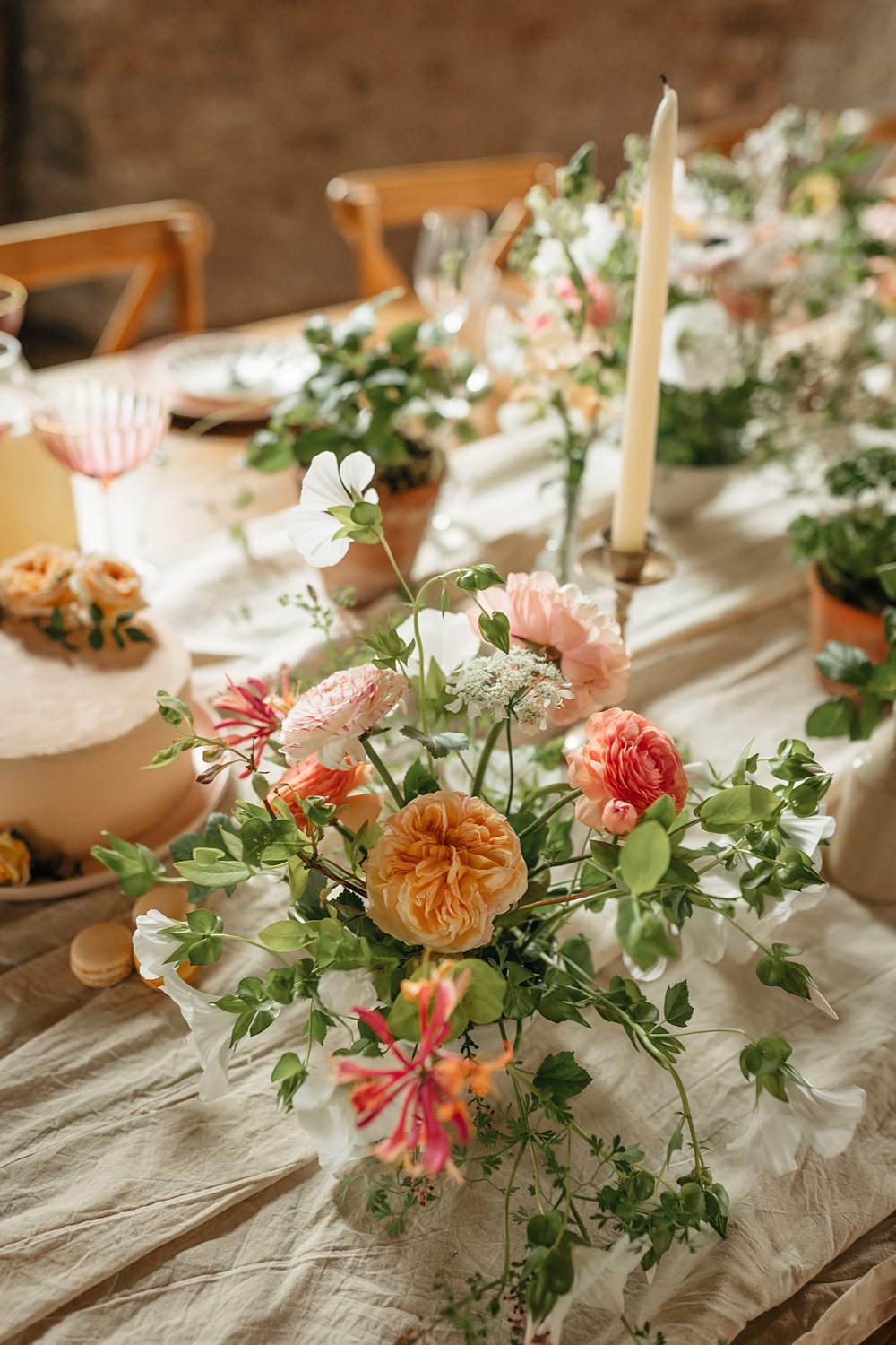 Long Wooden Table Pink Flowers Bottles White Runner Candles Decor Summer Rose Honeysuckle Apricot Wedding Ideas Gem Hicks Photography