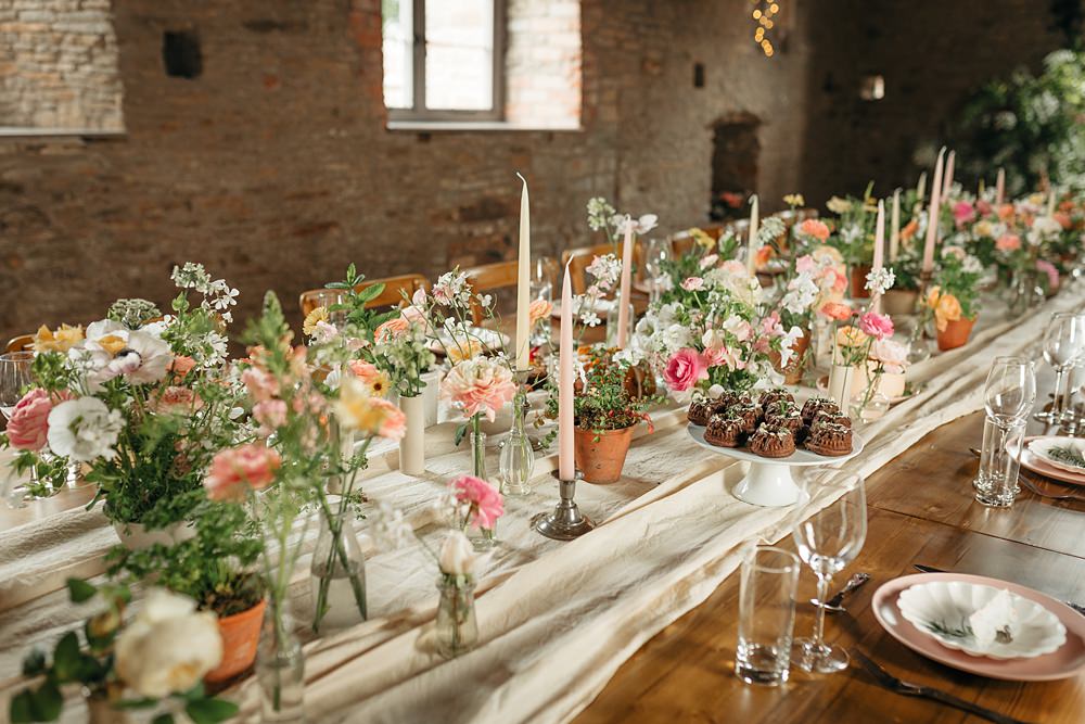 Long Wooden Table Pink Flowers Bottles White Runner Candles Decor Summer Rose Honeysuckle Apricot Wedding Ideas Gem Hicks Photography