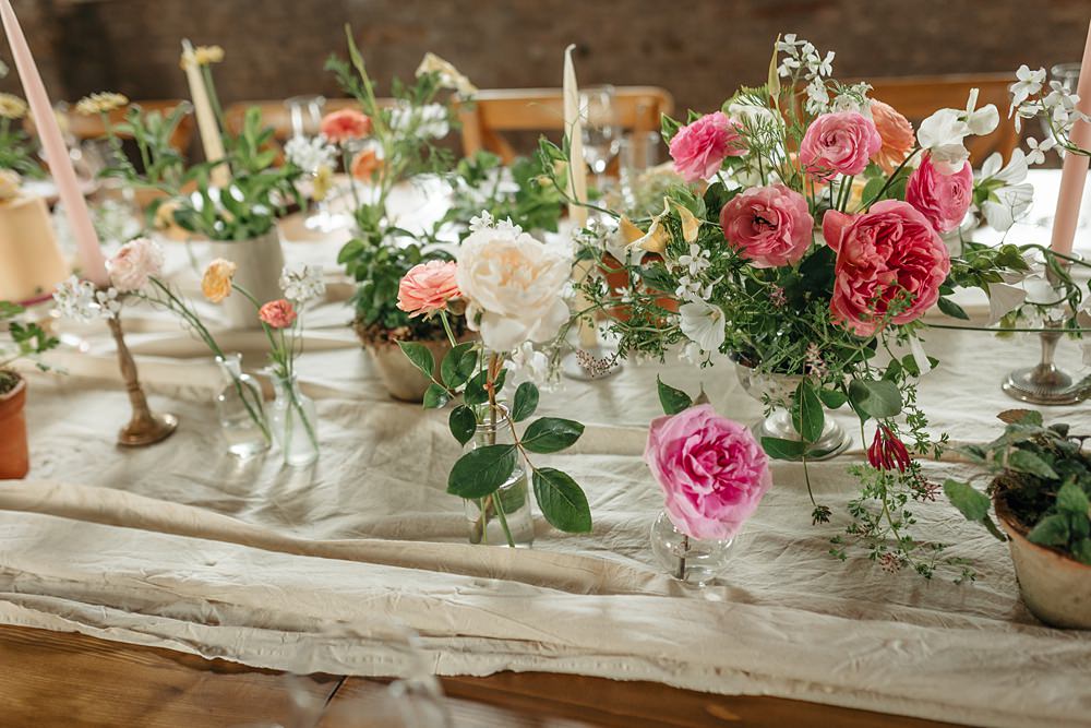 Long Wooden Table Pink Flowers Bottles White Runner Candles Decor Summer Rose Honeysuckle Apricot Wedding Ideas Gem Hicks Photography