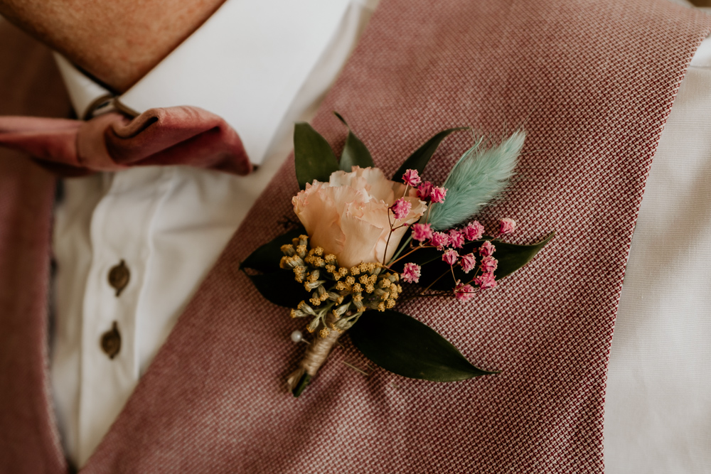 Groom Buttonhole Flowers Pink Waistcoat Bohemian Tipi Wedding MattMoore Photography