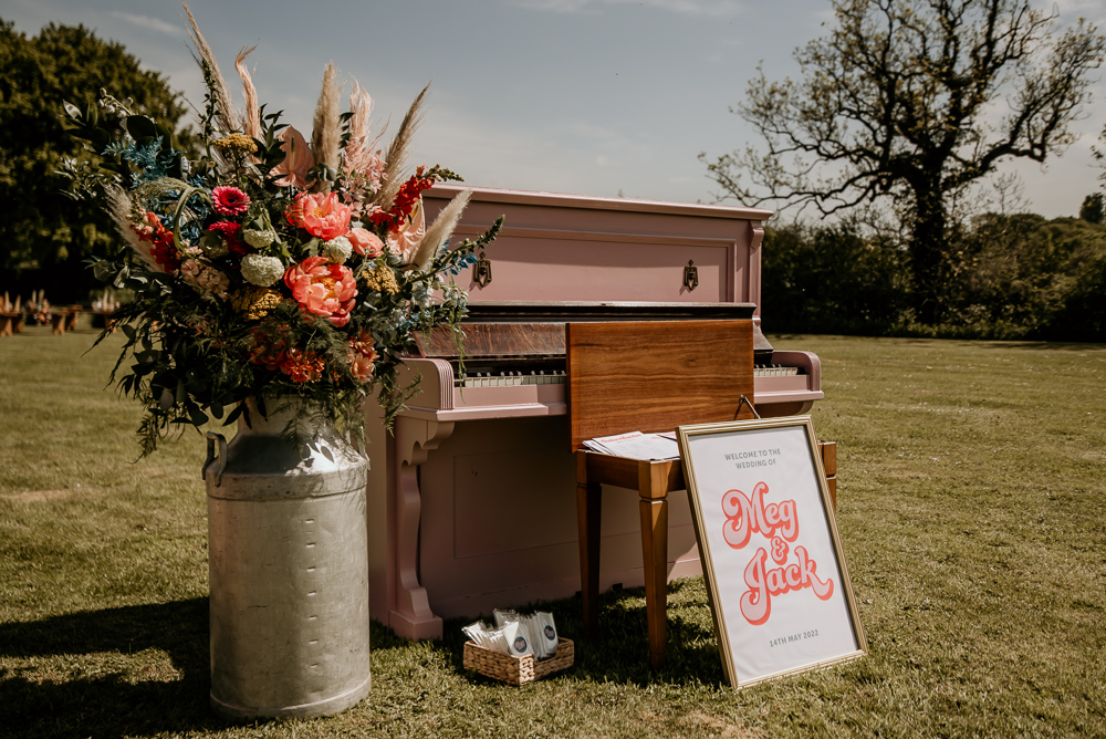 Milk Churn Flowers Pink Piano Bohemian Tipi Wedding MattMoore Photography