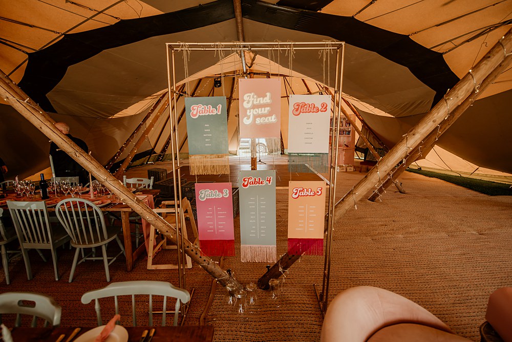 Seating Plan Pink Teal Tassel Frame Bohemian Tipi Wedding MattMoore Photography