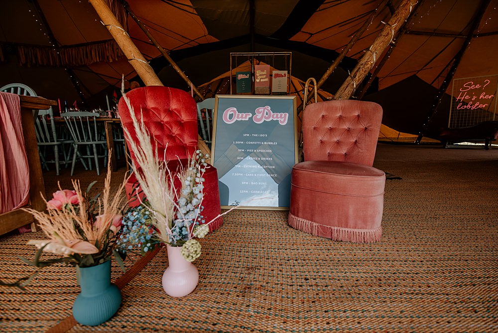 Pink Teal Sign Velvet Chairs Bohemian Tipi Wedding MattMoore Photography
