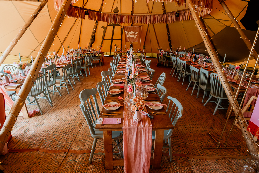 Tipi Rag Bunting Teal Pink Chairs Decor Bohemian Tipi Wedding MattMoore Photography