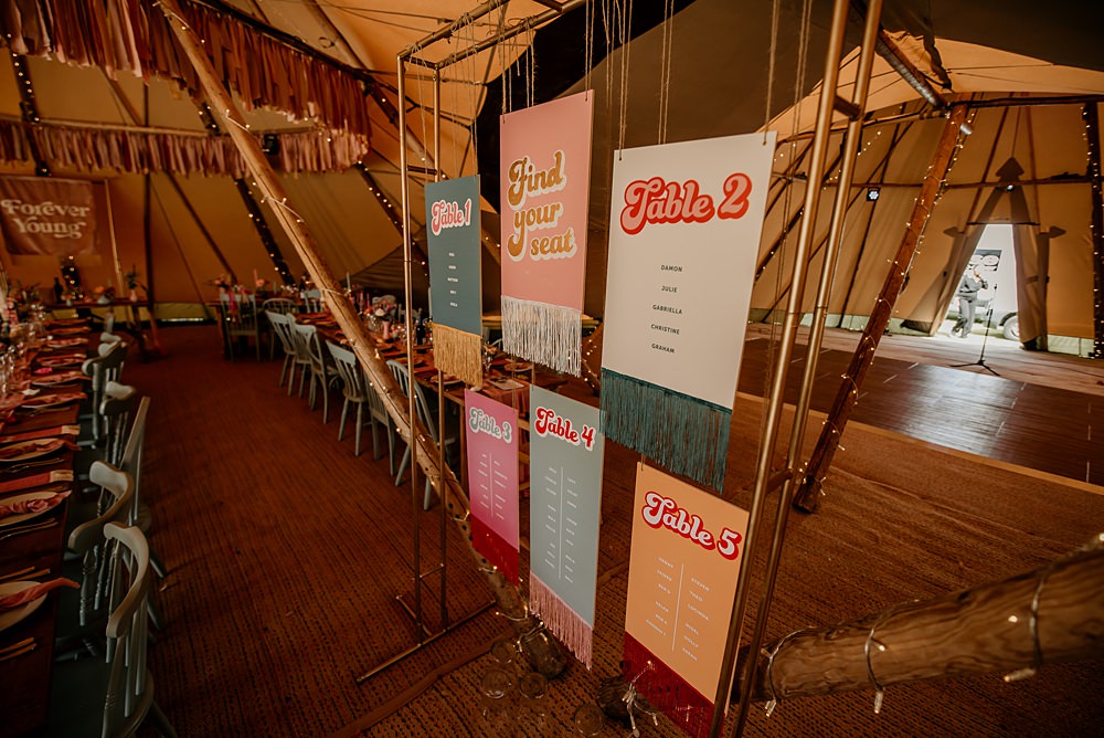 Seating Plan Pink Teal Tassel Frame Bohemian Tipi Wedding MattMoore Photography
