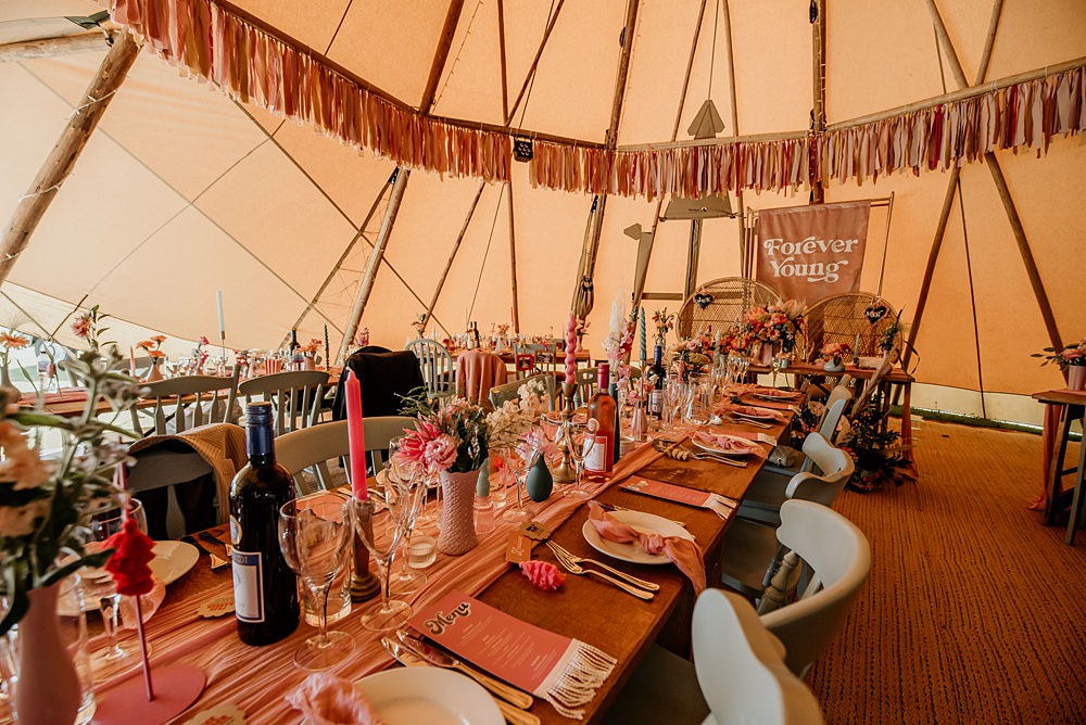 Tipi Rag Bunting Teal Pink Chairs Decor Bohemian Tipi Wedding MattMoore Photography