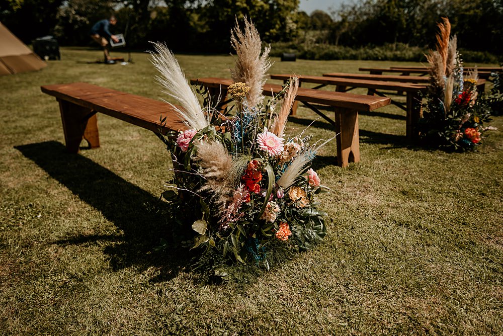 Pew End Aisle Ceremony Flowers Pampas Grass Bohemian Tipi Wedding MattMoore Photography