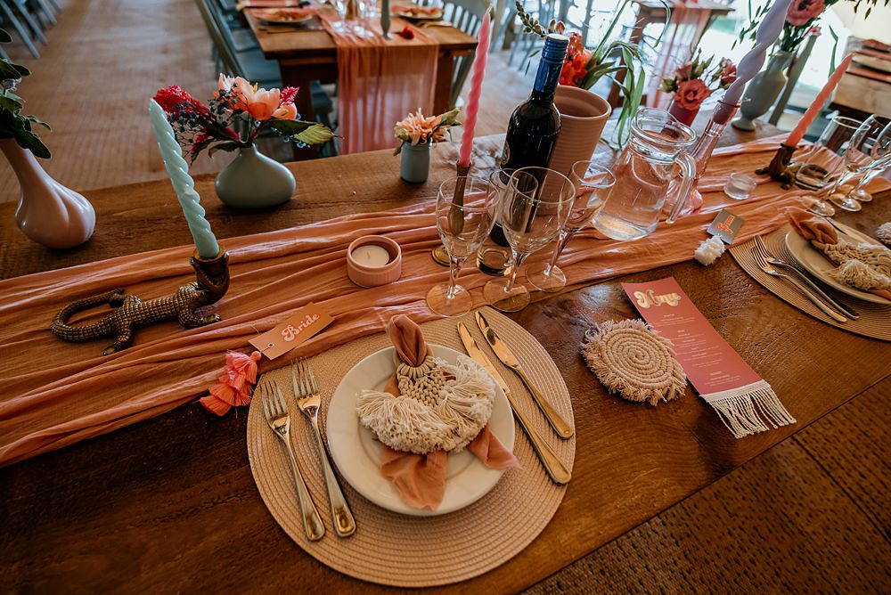 Place Setting Decor Pink Runner Table Macrame Bohemian Tipi Wedding MattMoore Photography