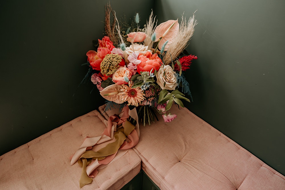 Bridal Bouquet Flowers Rose Peony Pampas Grass Bunny Tails Ribbon Bohemian Tipi Wedding MattMoore Photography