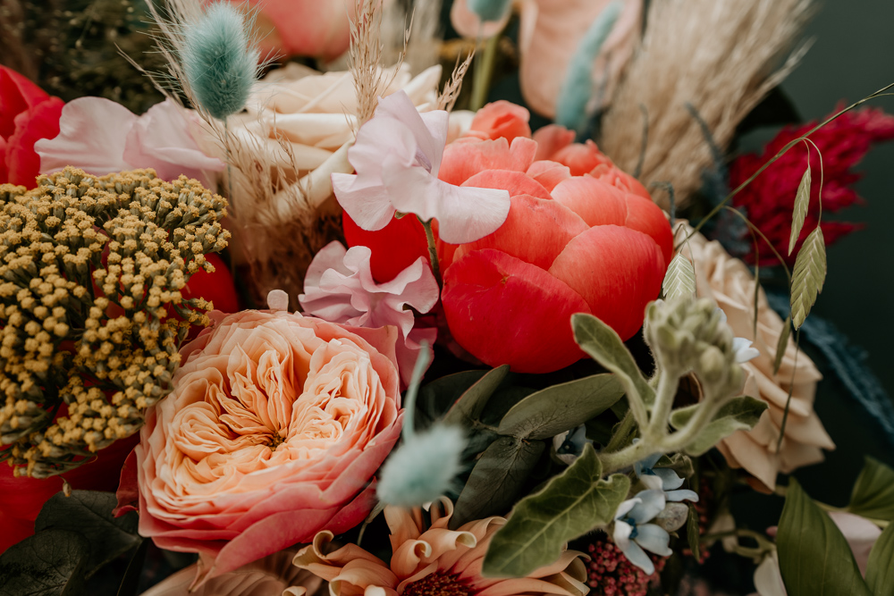 Bride Flowers Bouquet Pink Coral Rose Peony Sweetpea Bohemian Tipi Wedding MattMoore Photography