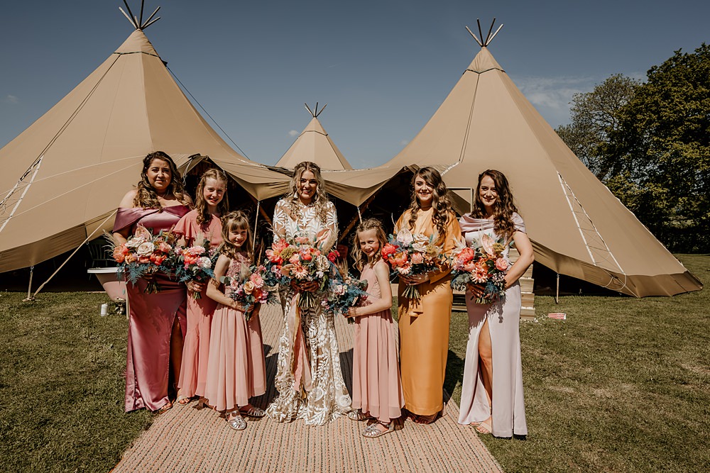 Mismatched Bridesmaids Dress Pink Yellow Bohemian Tipi Wedding MattMoore Photography