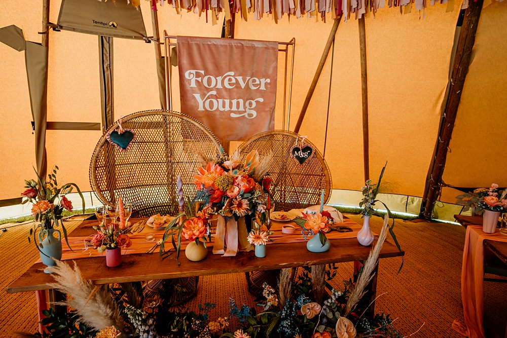 Top Table Banner Peacock Chairs Decor Pink Teal Bohemian Tipi Wedding MattMoore Photography