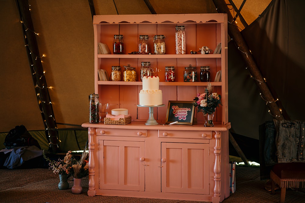 Pink Dresser Furniture Cake Table Bohemian Tipi Wedding MattMoore Photography