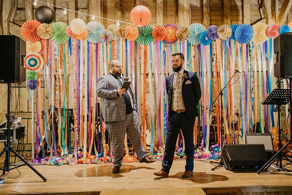 Colourful Paper Lanterns Festoon Lights Decor Ribbon Backdrop Streamer Bright Barn Wedding Kim Williams Weddings