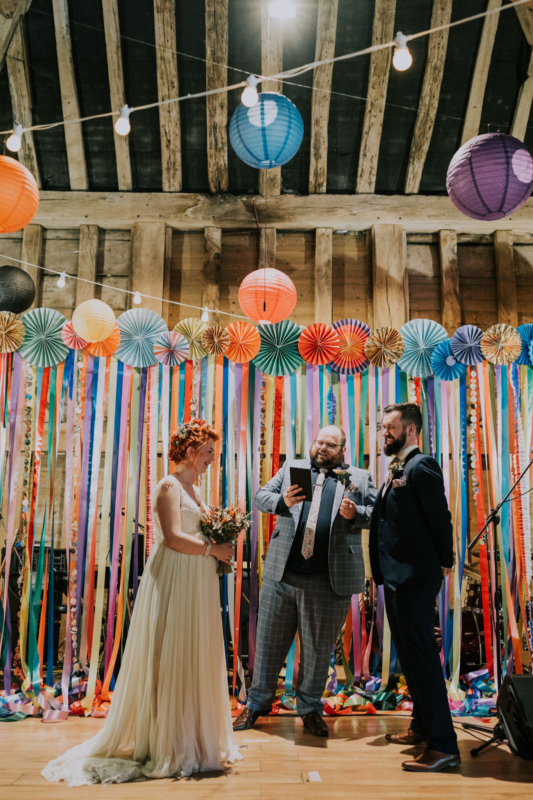 Colourful Paper Lanterns Festoon Lights Decor Ribbon Backdrop Streamer Bright Barn Wedding Kim Williams Weddings