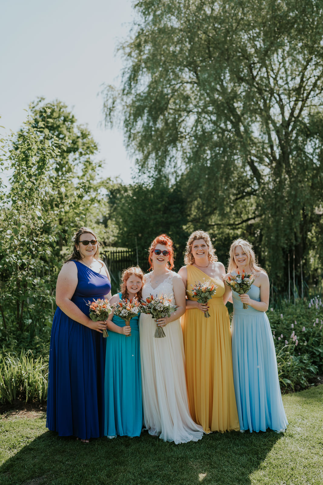 Bridesmaids Long Dresses Mismatched Blue Yellow Bright Barn Wedding Kim Williams Weddings