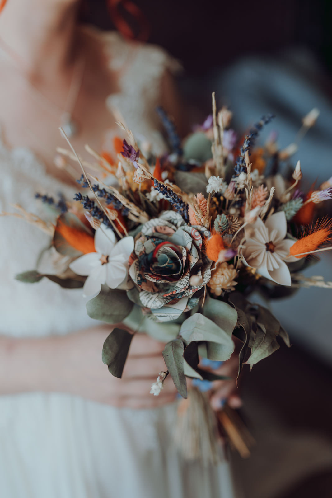 Bride Bridal Bouquet Dried Flowers Paper Bright Barn Wedding Kim Williams Weddings