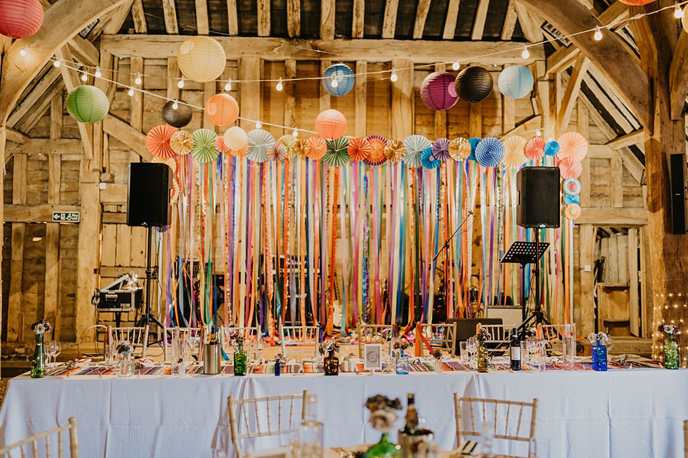 Colourful Paper Lanterns Festoon Lights Decor Ribbon Backdrop Streamer Bright Barn Wedding Kim Williams Weddings