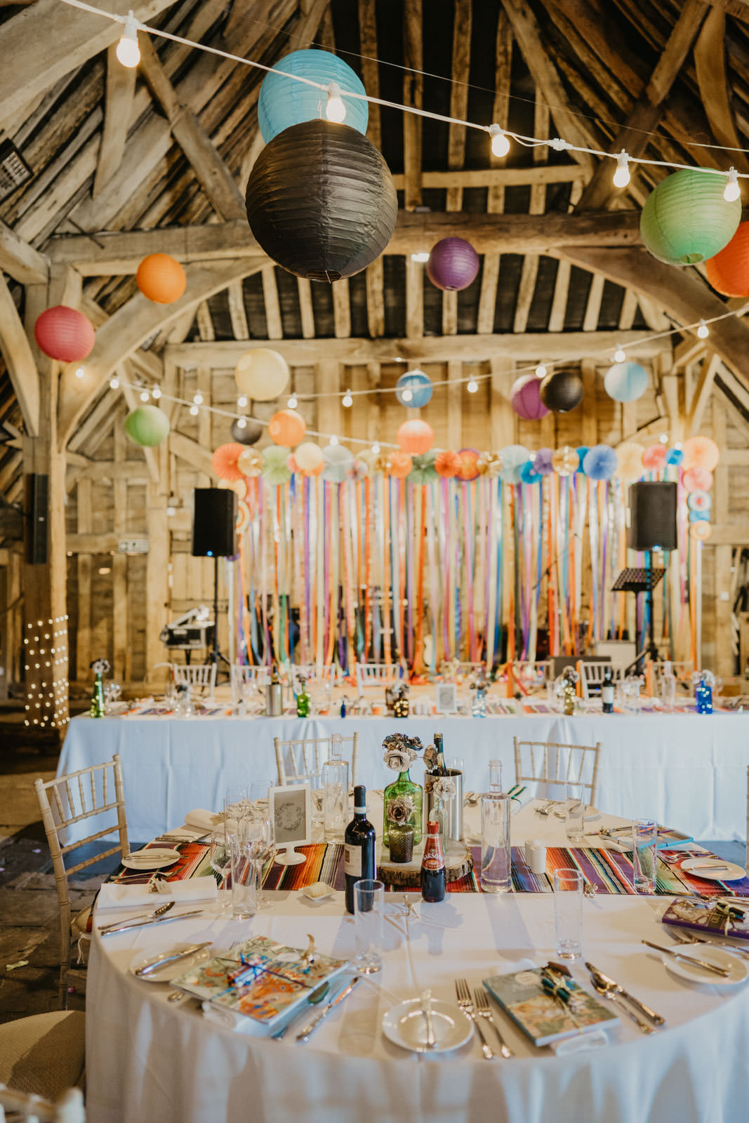 Colourful Paper Lanterns Festoon Lights Decor Ribbon Backdrop Streamer Bright Barn Wedding Kim Williams Weddings
