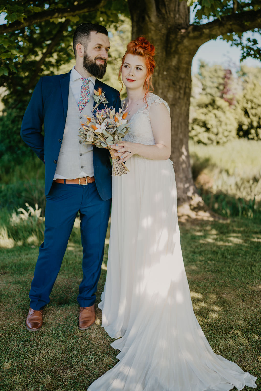 Groom Suit Blue Cream Waistcoat Floral Tie Bright Barn Wedding Kim Williams Weddings