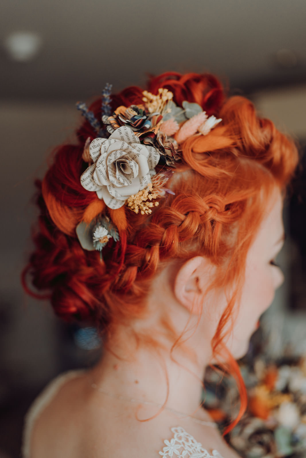 Bride Bridal Hairstyle Up Do Braid Plait Paper Flowers Bright Barn Wedding Kim Williams Weddings