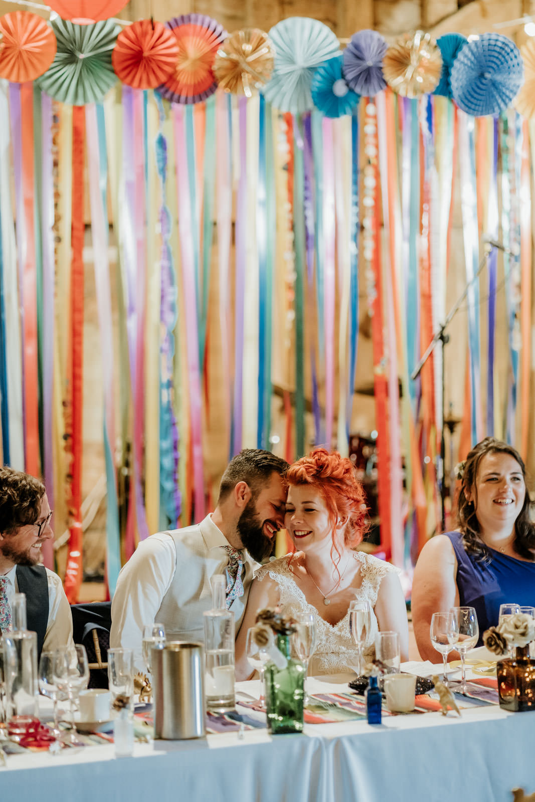 Colourful Paper Lanterns Festoon Lights Decor Ribbon Backdrop Streamer Bright Barn Wedding Kim Williams Weddings