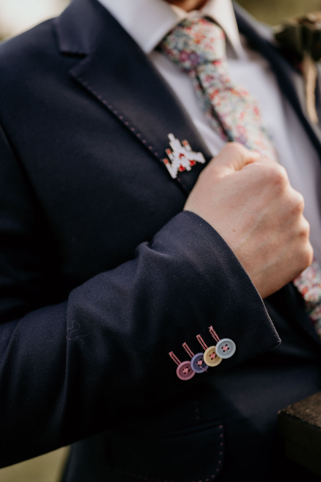 Groom Rainbow Buttons Suit Cuff Bright Barn Wedding Kim Williams Weddings