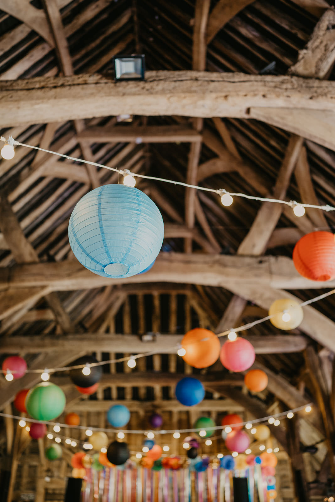 Colourful Paper Lanterns Festoon Lights Decor Bright Barn Wedding Kim Williams Weddings