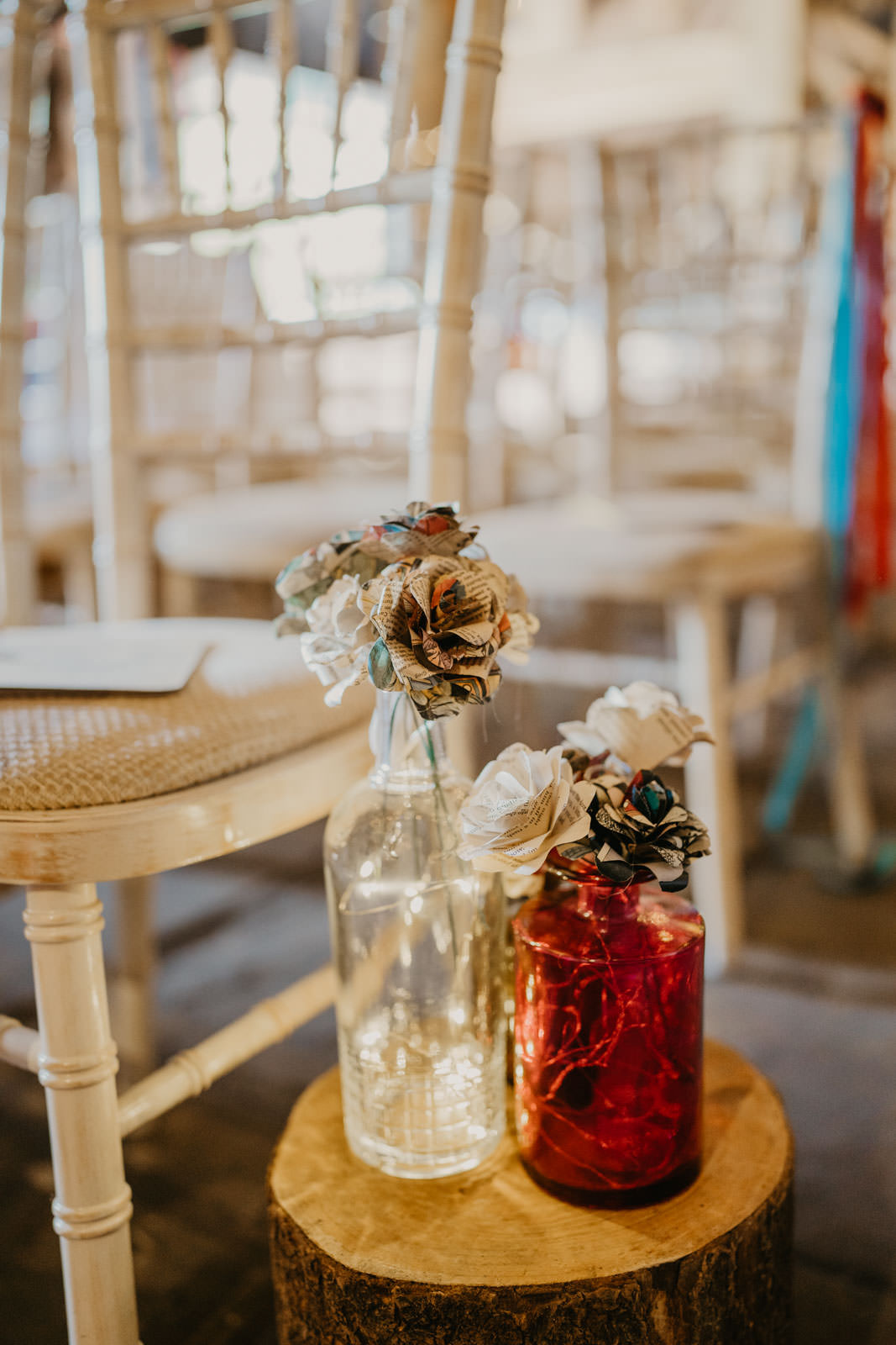 Bottle Paper Flowers Pew End Aisle Ceremony Decor Bright Barn Wedding Kim Williams Weddings