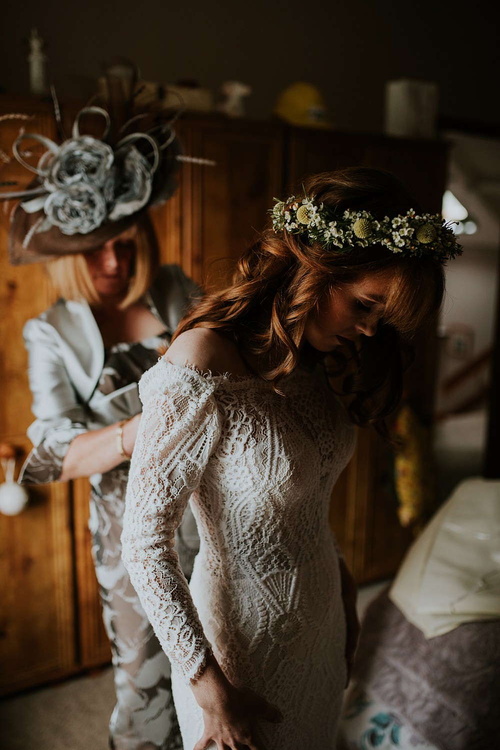 Bride Bridal Flower Crown Hair Waves Caerhyn Wedding Mary W Thomas Photography