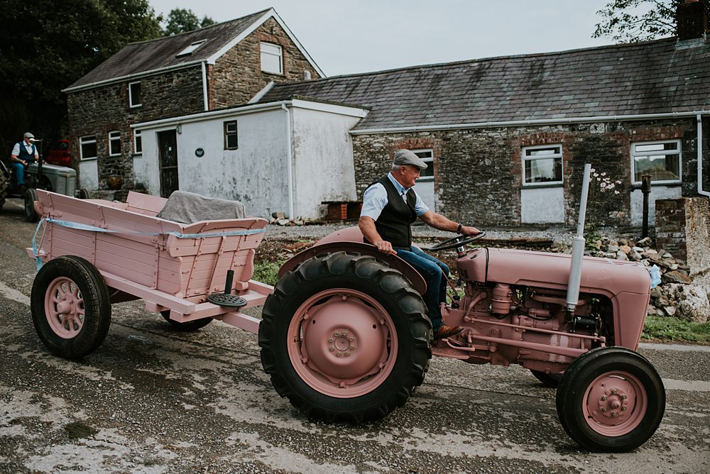 Pink Tractor Transport Caerhyn Wedding Mary W Thomas Photography