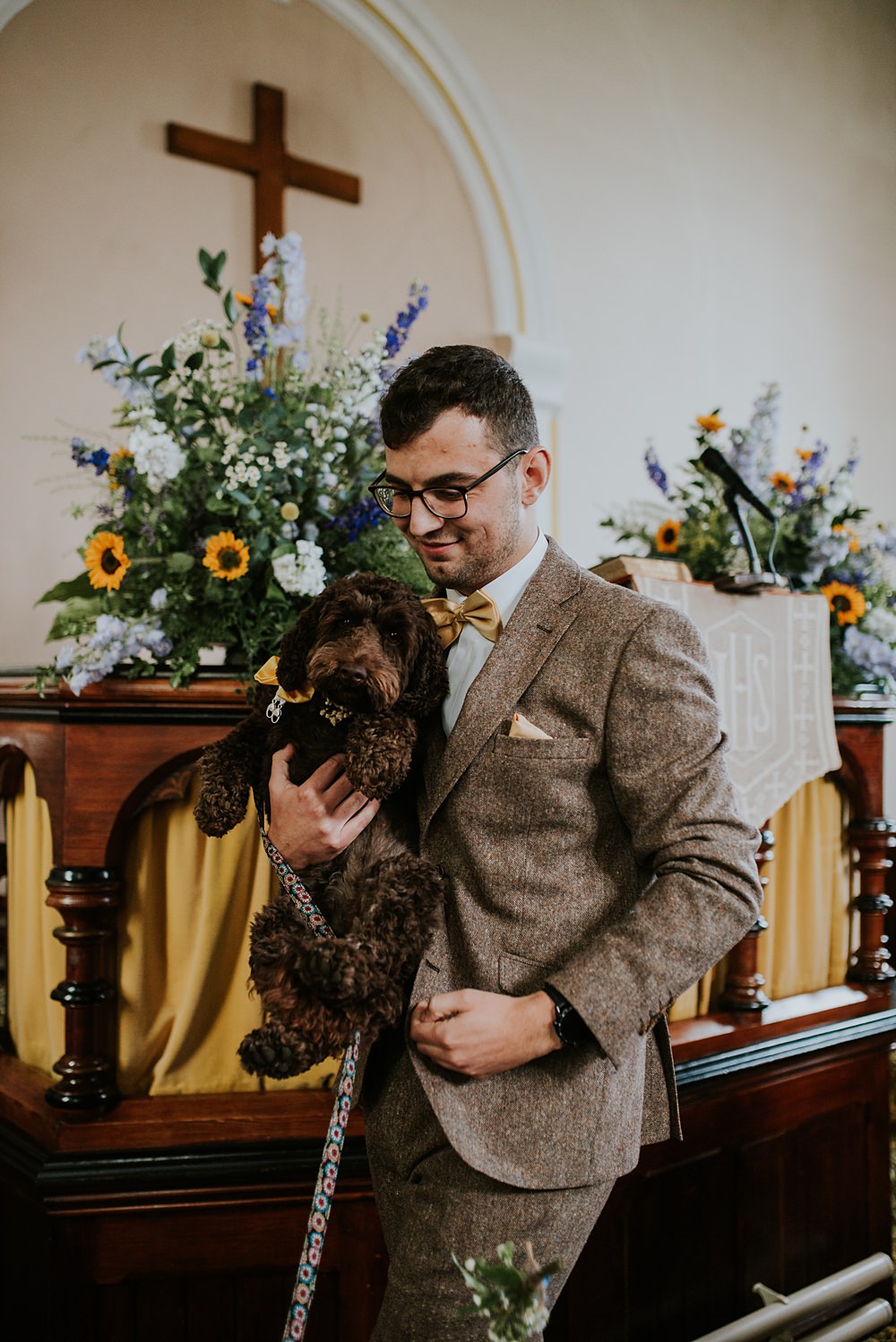 Groom Brown Tweed Suit Yellow Bow Tie Caerhyn Wedding Mary W Thomas Photography