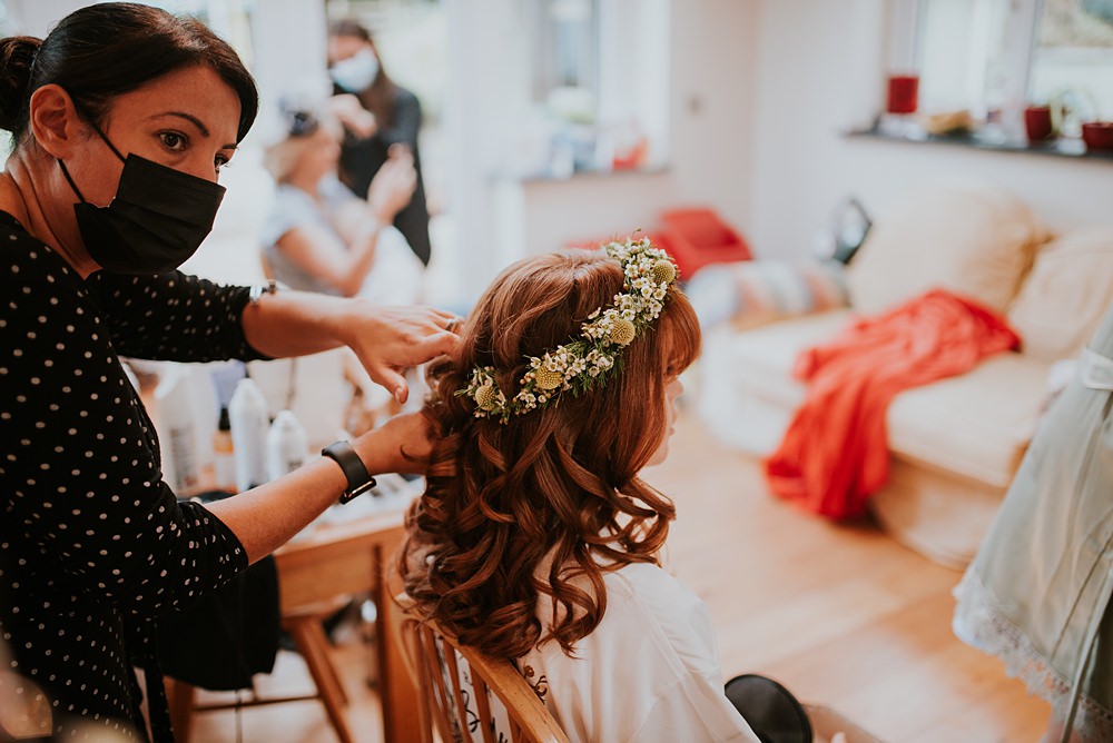 Bride Bridal Flower Crown Hair Waves Caerhyn Wedding Mary W Thomas Photography