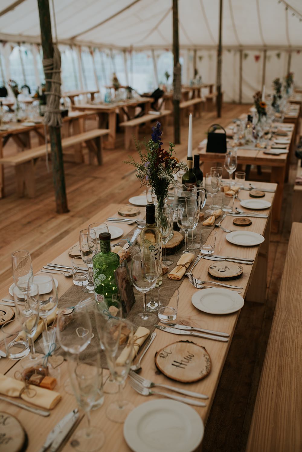 Pole Tent Marquee Decor Bunting Rustic Wooden Tables Caerhyn Wedding Mary W Thomas Photography