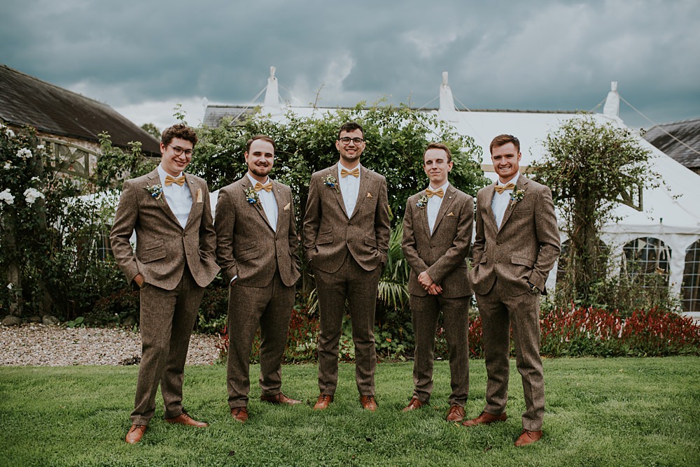 Groom Brown Tweed Suit Yellow Bow Tie Groomsmen Caerhyn Wedding Mary W Thomas Photography